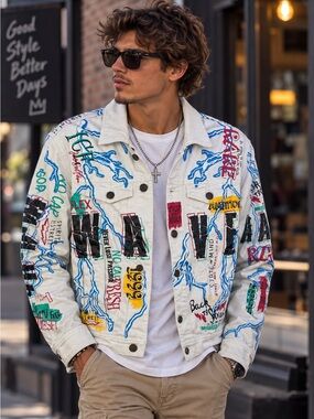 White Graffiti-Print Denim Jacket with Blue Lightning Accents